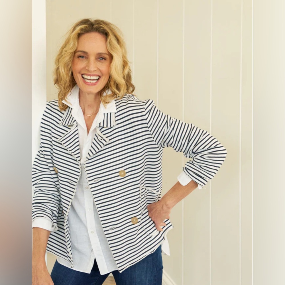 Frank & Eileen $328 Mini Belfast‎ Navy Blue White Striped Blazer Jacket Fall